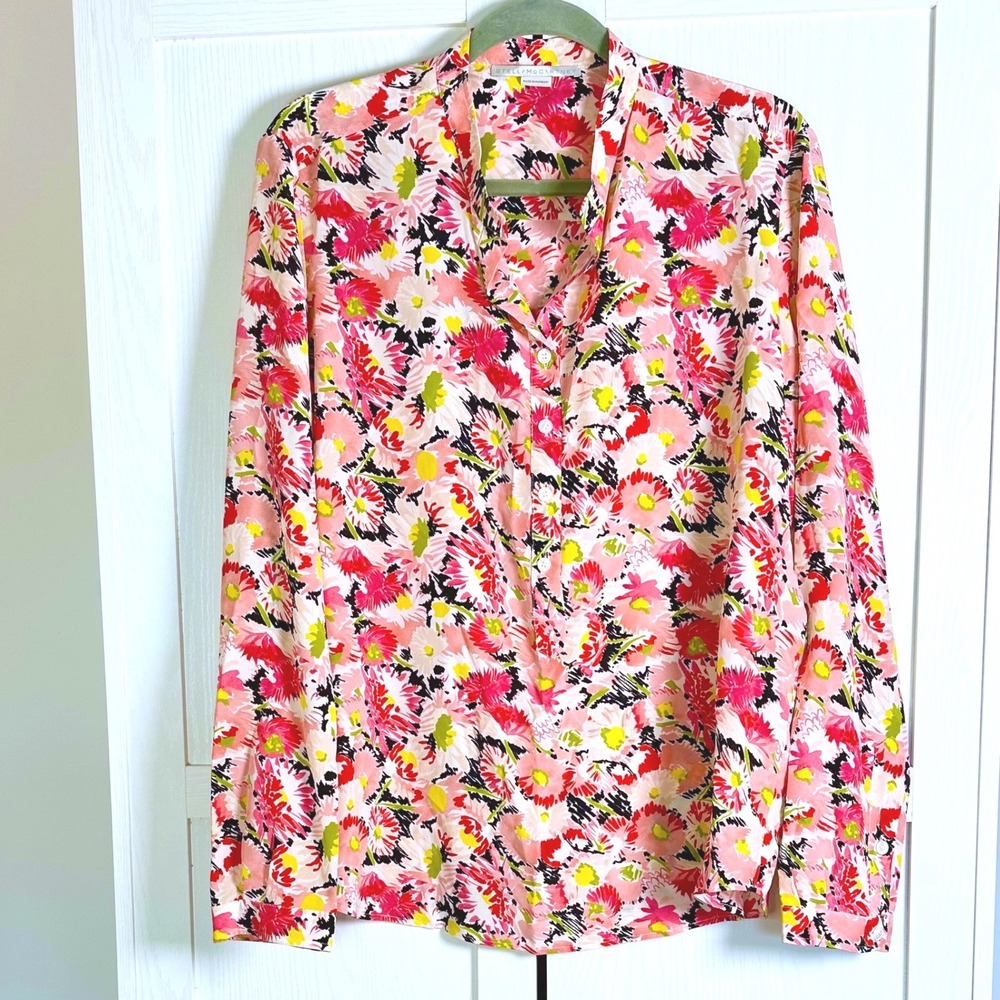 Stella McCartney Blush Floral Crepe de Chine 100% Silk Button Blouse Size 8-10